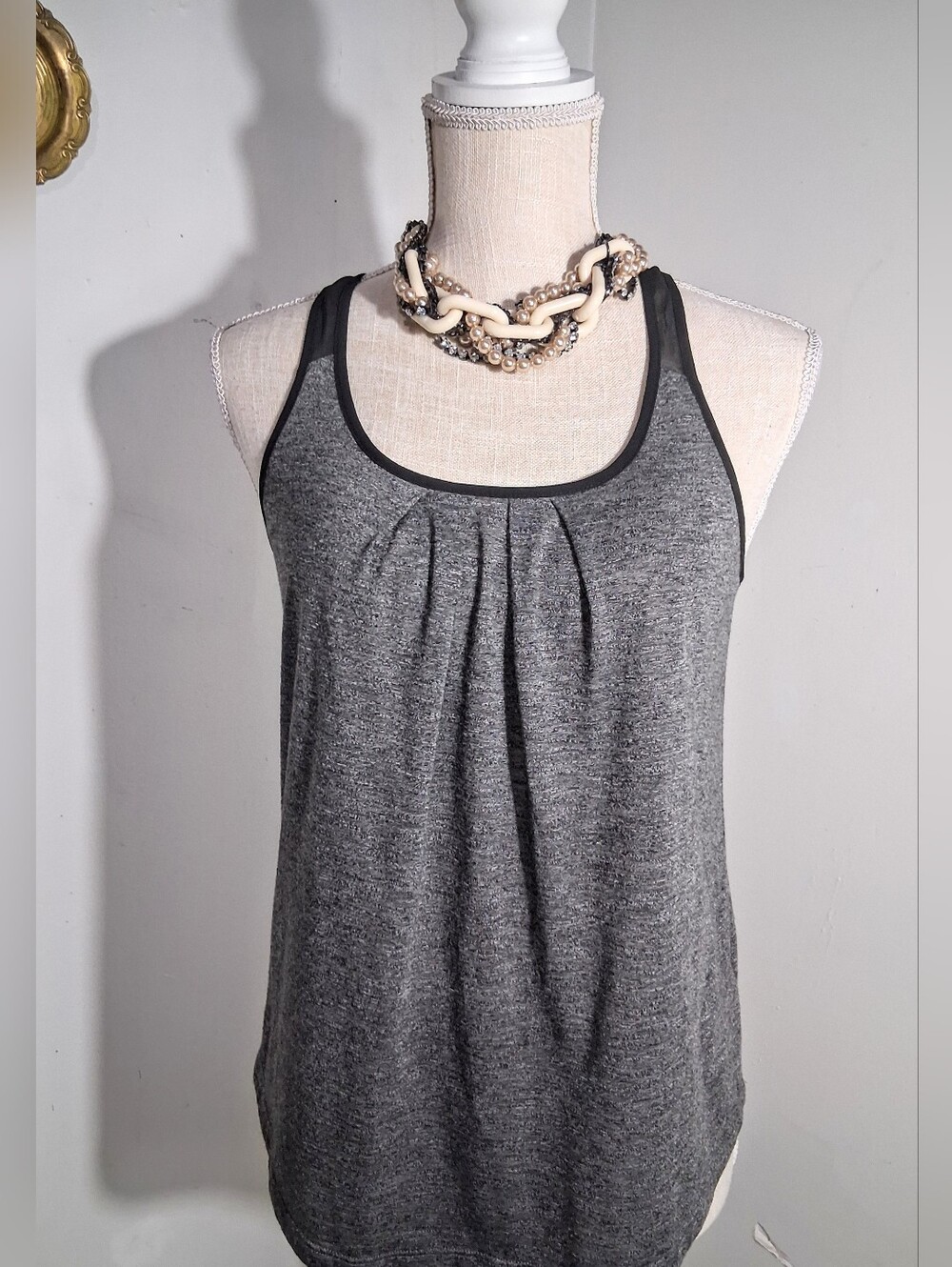 Express Gray Pleated Racerback Tank with Contrast Trim